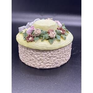 Vintage Dezine Trinket Box Hat with Flowers and Bow, Hand Painted 1993 Container